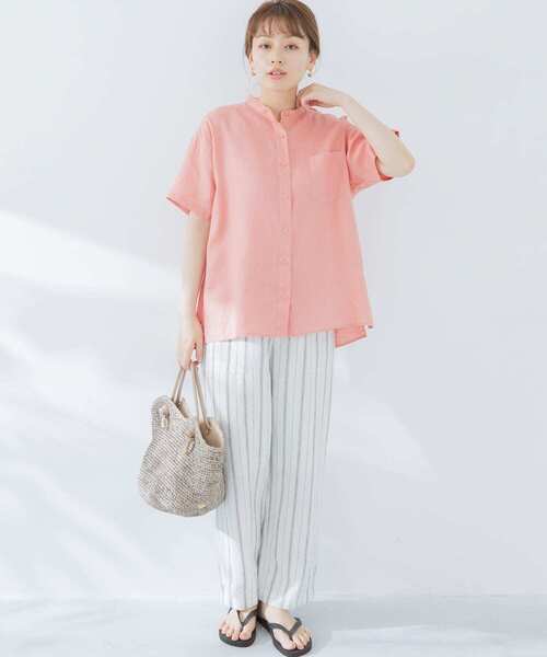 URBAN RESEARCH Sonny Label（アーバンリサーチサニーレーベル）の「リネンバンドカラー半袖シャツ（Tシャツ/カットソー・レディース・ピンク/ホワイト/ネイビー・FREE）」の5枚目の写真