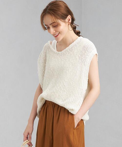 green label relaxing（グリーンレーベルリラクシング）の「カタアゼ ローゲージ ベスト [ニット]（ニット/セーター・レディース・オフホワイト/ライム/ロイヤルブルー・FREE）」の2枚目の写真