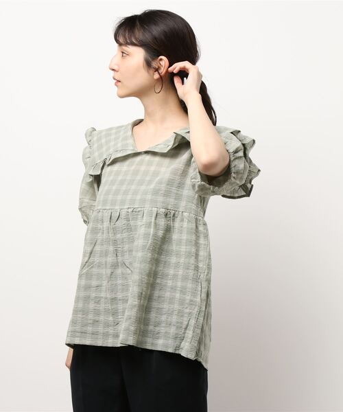 ehka sopo（エヘカソポ）の「チェック柄ビッグカラーチュニック（シャツ/ブラウス・レディース・キナリ/グリーン/チャコール・ﾌﾘ-）」の3枚目の写真