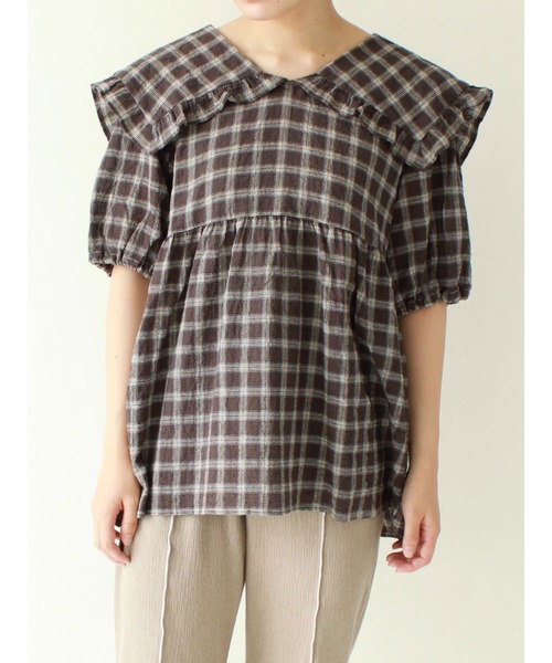 ehka sopo（エヘカソポ）の「チェック柄ビッグカラーチュニック（シャツ/ブラウス・レディース・キナリ/グリーン/チャコール・ﾌﾘ-）」の2枚目の写真