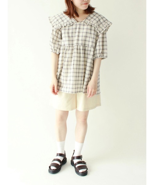 ehka sopo（エヘカソポ）の「チェック柄ビッグカラーチュニック（シャツ/ブラウス・レディース・キナリ/グリーン/チャコール・ﾌﾘ-）」の9枚目の写真