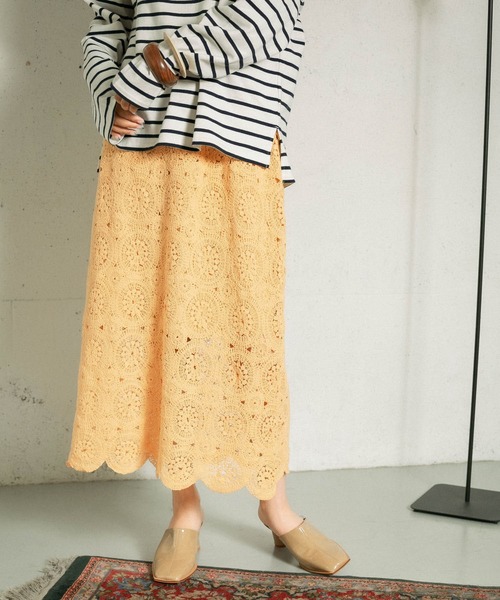KBF（ケイビーエフ）の「アイレットサークルレーススカート（スカート・レディース・ダークブラウン/アイボリー/オレンジ系その他・ONE）」の3枚目の写真