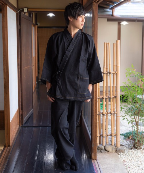 kimonomachi(キモノマチ)の「作務衣 デニム作務衣 M/L/LL 父の日ギフト お祭り 花火大会 父の日 プレゼント ギフト(ルームウェア/パジャマ・メンズ・ブラック/ダークネイビー・L/M/LL)」の3枚目の写真