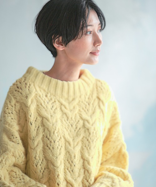 LEPSIM(レプシィム)の「3ゲージデザインケーブルプルオーバー 255030(ニット/セーター・レディース・オフホワイト/イエロー/モカ・FREE)」の1枚目の写真