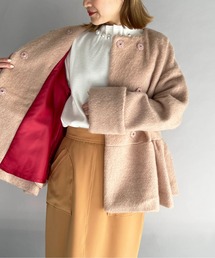 【日本製】ノーカラーペプラムシャギーコート