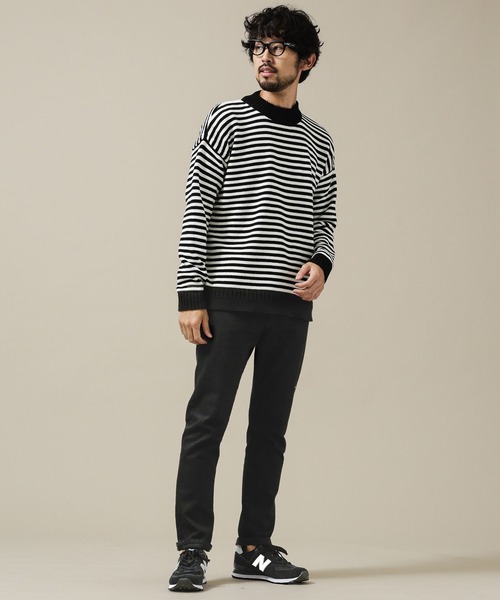 NANO universe（ナノユニバース）の「ガンジーボーダーリラックスフィット（ニット/セーター・メンズ・モカ/ブラック/チャコール・S/M/L/XL）」の7枚目の写真