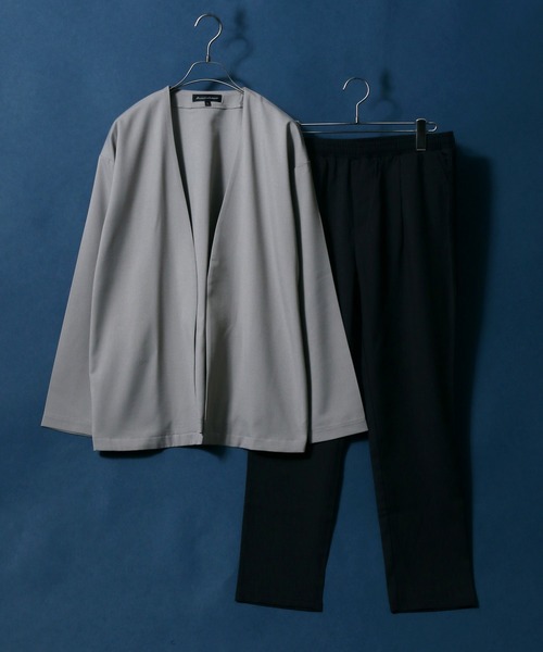 ANPAS(アンパス)の「Polyester Tropical Stretch Collarless Jacket SET-UP/別注 ポリトロ ストレッチ ノーカラージャケット&タックワイドテーパードパンツ セットアップ(セットアップ・メンズ・チャコールグレー/ライトグレー/ブラック/パープル/グレー系その他/グレイッシュベージュ・LL/M/L)」の1枚目の写真
