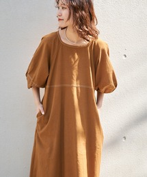 indiaUネック袖ボリューム裾切替ワンピース