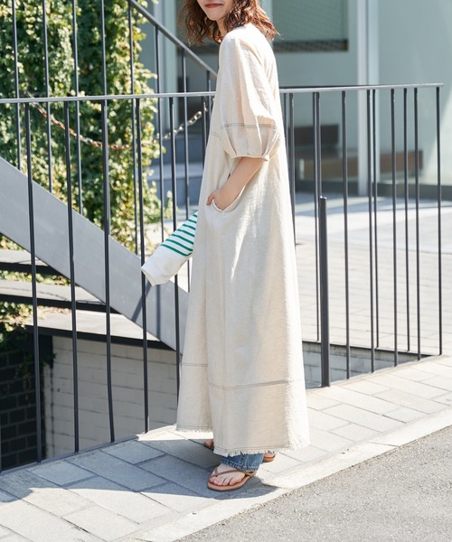 CIAOPANIC TYPY(チャオパニックティピー)の「indiaUネック袖ボリューム裾切替ワンピース(ワンピース・レディース・アイボリー/チャコールグレー/ブラウン/オレンジ・ONE SIZE)」の7枚目の写真