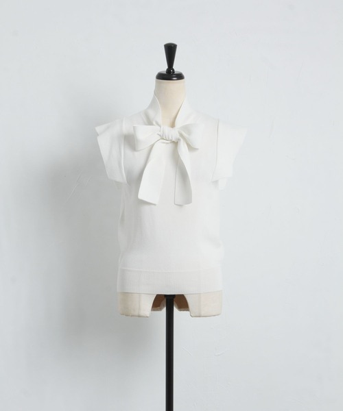 tocco closet（トッコ　クローゼット）の「ボウタイりぼんフレンチスリーブニットプルオーバー（ニット/セーター・レディース・ホワイト/ブラック・M）」の3枚目の写真