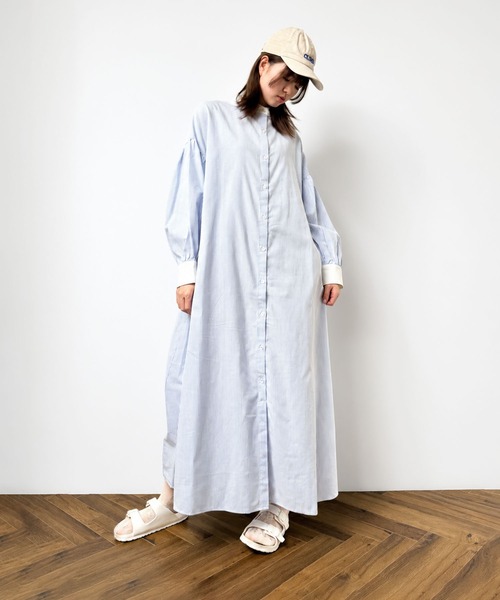 folka(フォルカ)の「1- ストライプ スタンドカラー ロングシャツ ワンピース(シャツワンピース・レディース・ブラック/ベージュ/サックスブルー・FREE)」の10枚目の写真