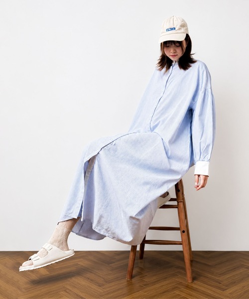 folka(フォルカ)の「1- ストライプ スタンドカラー ロングシャツ ワンピース(シャツワンピース・レディース・ブラック/ベージュ/サックスブルー・FREE)」の9枚目の写真