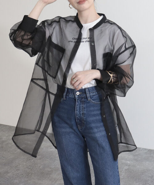 fredy emue（フレディエミュ）の「【fredy emue/フレディエミュ】シアーバンドカラーシャツ（シャツ/ブラウス・レディース・オフホワイト/ライトグレー/ブラック・38）」の15枚目の写真