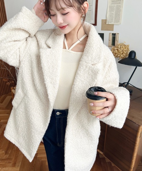 ⤵︎*美品*45R*アルル縮絨の908ハンティングジャケット*サイズ1*ホワイト moment+（モーメントプラス）の「フェイクリングウールルーズ