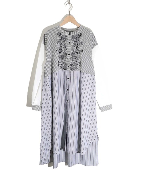 【美品】エルマンノシェルヴィーノ レース 刺繍 ストライプ シャツ ワンピース エルマンノシェルヴィーノ レース 刺繍 ストライプ シャツ