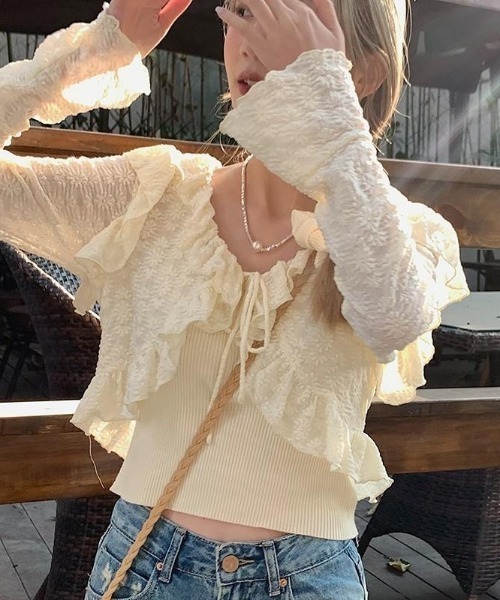 almo(アルモ)の「【LAMPOON】フラワージャガードカーディガン(カーディガン/ボレロ・レディース・ホワイト/ベージュ・FREE)」の9枚目の写真