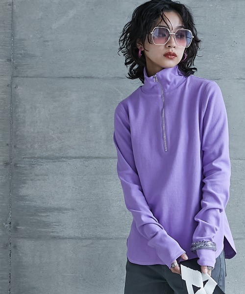 GEVS.(ジェイヴィス)の「<大きいサイズ> ハーフジップハイネックカットソー GEVS.(Tシャツ/カットソー・レディース・ブラック/パープル・L/LL/3L/4L/5L)」の1枚目の写真