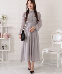 ギャザーシェイプロングシフォンワンピース