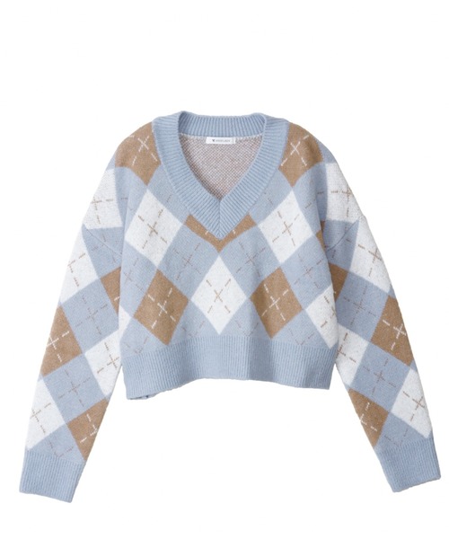 セール】Vネック アーガイル柄 ショート丈 ニット（ニット/セーター