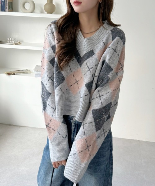 セール】Vネック アーガイル柄 ショート丈 ニット（ニット