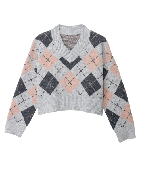 セール】Vネック アーガイル柄 ショート丈 ニット（ニット/セーター