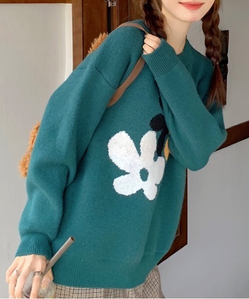 SHEENA(シーナ)の「花柄ジャガードニットトップス(ニット/セーター・レディース・ブラック/ダークグリーン・M)」の9枚目の写真