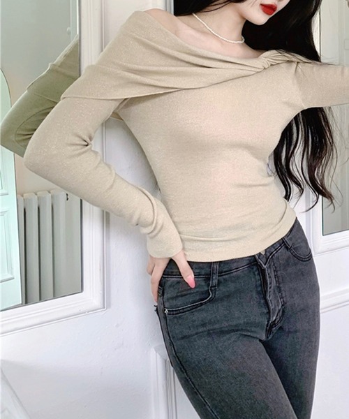Jasmine Grandiflorum(ジャスミングランディフローラム)の「【Jasmine】オフショルダーリボンプルオーバー(ニット/セーター・レディース・ベージュ/グレー/ブラック・SMALL)」の8枚目の写真