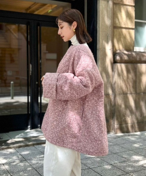 pufe】チェックボアコート（ノーカラーコート）｜DONOBAN（ドノバン