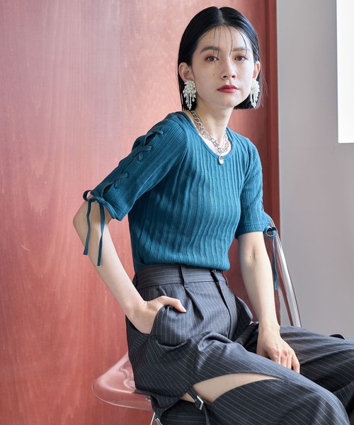 HARE（ハレ）の「ソデレースアップリブTシャツ(HARE)（Tシャツ/カットソー・レディース・ブルー/ブラック・FREE）」の18枚目の写真