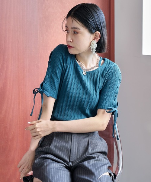 HARE（ハレ）の「ソデレースアップリブTシャツ(HARE)（Tシャツ/カットソー・レディース・ブルー/ブラック・FREE）」の20枚目の写真