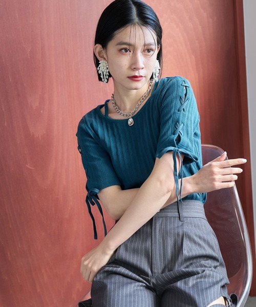 HARE（ハレ）の「ソデレースアップリブTシャツ(HARE)（Tシャツ/カットソー・レディース・ブルー/ブラック・FREE）」の21枚目の写真