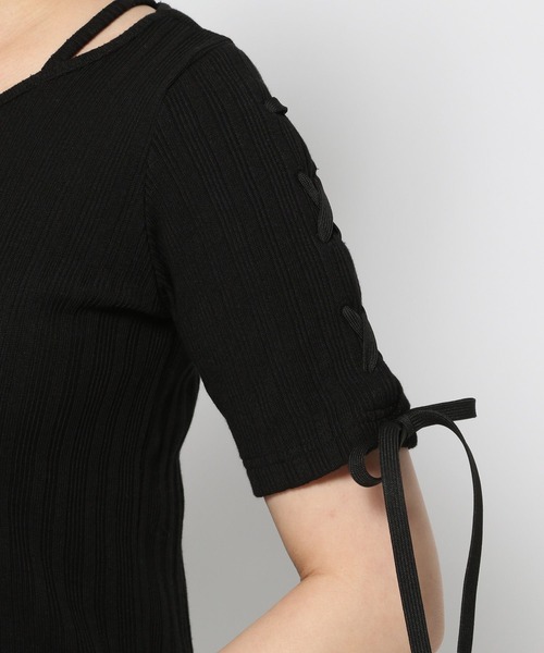 HARE（ハレ）の「ソデレースアップリブTシャツ(HARE)（Tシャツ/カットソー・レディース・ブルー/ブラック・FREE）」の5枚目の写真