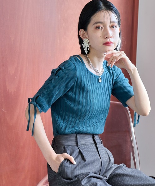 HARE（ハレ）の「ソデレースアップリブTシャツ(HARE)（Tシャツ/カットソー・レディース・ブルー/ブラック・FREE）」の17枚目の写真