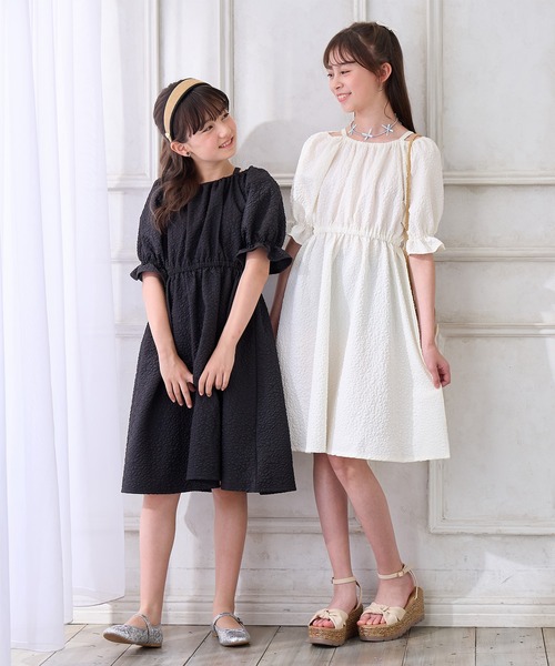 セール】肩ひもデザイン フラワーエンボスワンピース(130cm