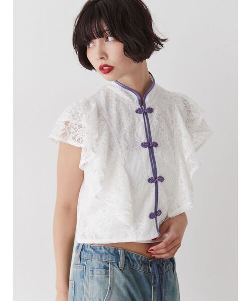 jouetie（ジュエティ）の「ショルダーフリルレースチャイナブラウス（シャツ/ブラウス・レディース・ブラック/ピンク/オフホワイト・MEDIUM）」の8枚目の写真