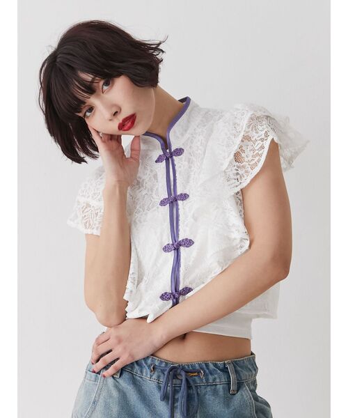 jouetie（ジュエティ）の「ショルダーフリルレースチャイナブラウス（シャツ/ブラウス・レディース・ブラック/ピンク/オフホワイト・MEDIUM）」の10枚目の写真