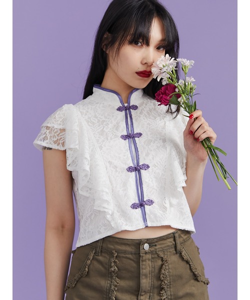 jouetie（ジュエティ）の「ショルダーフリルレースチャイナブラウス（シャツ/ブラウス・レディース・ブラック/ピンク/オフホワイト・MEDIUM）」の2枚目の写真