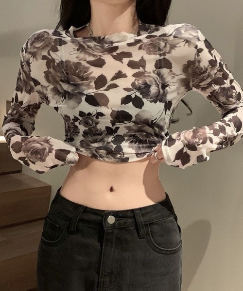 Jayro(ジャイロ)の「花柄シアークロップド丈ロンT(Tシャツ/カットソー・レディース・ダークブラウン/レッド・FREE)」の2枚目の写真
