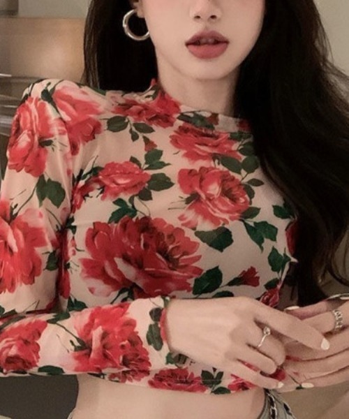 Jayro(ジャイロ)の「花柄シアークロップド丈ロンT(Tシャツ/カットソー・レディース・ダークブラウン/レッド・FREE)」の13枚目の写真