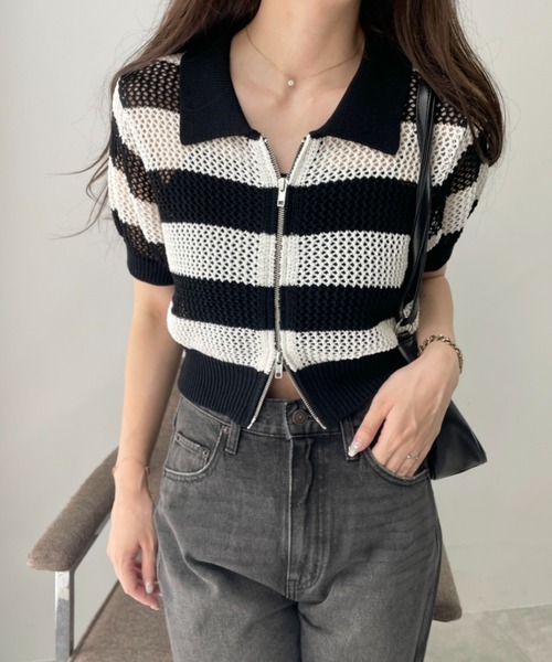 WEGO(ウィゴー)の「WEGO/WZIPニットカーデ(カーディガン/ボレロ・レディース・ブラック/ホワイト/ブルー/ホワイト系その他5・FREE)」の3枚目の写真
