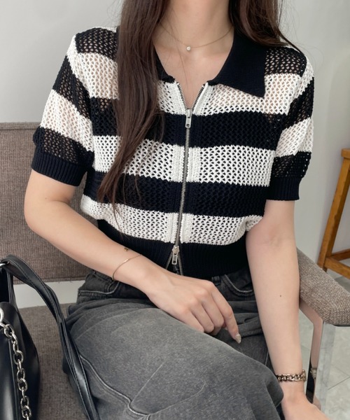 WEGO(ウィゴー)の「WEGO/WZIPニットカーデ(カーディガン/ボレロ・レディース・ブラック/ホワイト/ブルー/ホワイト系その他5・FREE)」の8枚目の写真