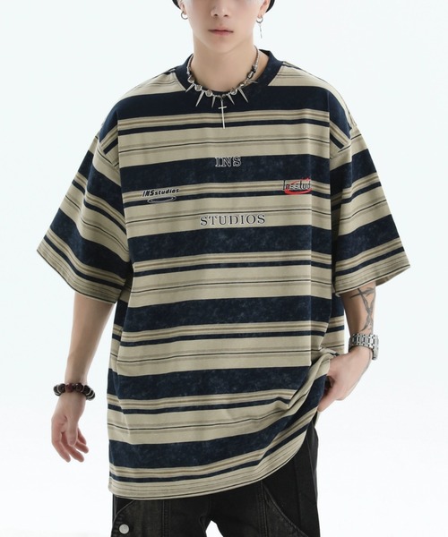 A'GEM/9 × .kom 『INSstudios/インスステュディオス』ランダムボーダー半袖カットソー（Tシャツ/カットソー）｜A‘gem 9（エージェムナイン）