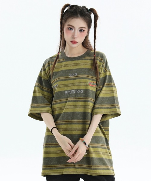 A'GEM9(エージェムナイン)の「A'GEM/9 × .kom 『INSstudios/インスステュディオス』ランダムボーダー半袖カットソー(Tシャツ/カットソー・レディース・グリーン/ピンク/ベージュ・L/M)」の2枚目の写真
