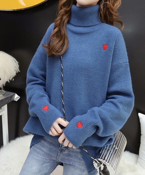 セール】ハート刺繍タートルネックプルオーバー（ニット
