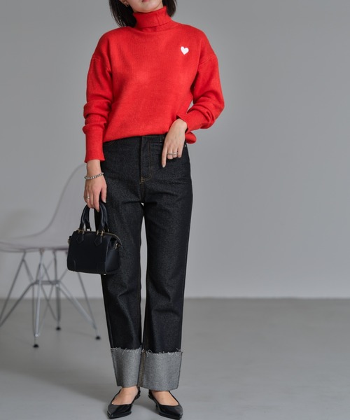 ハート刺繍タートルネックプルオーバー（ニット/セーター）｜deux
