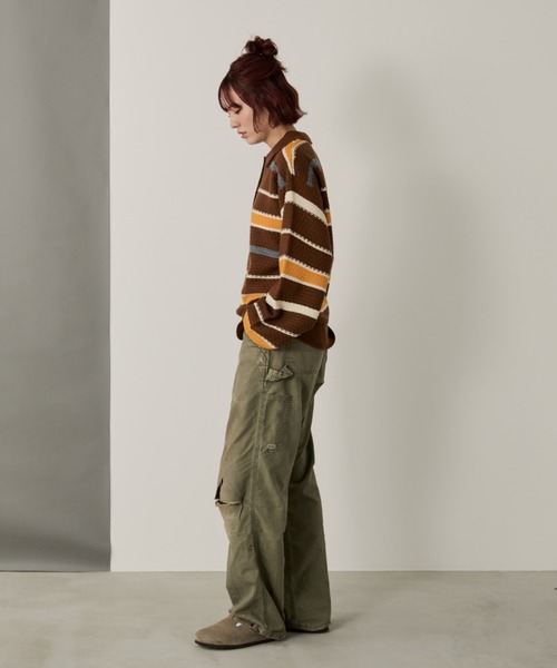 Auntie Rosa（アンティローザ）の「【SEFUMI】ワッフル編みマルチボーダーニット（ニット/セーター・レディース・ブラウン/ネイビー・FREE）」の4枚目の写真