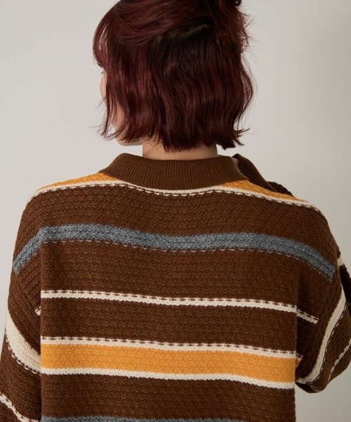 Auntie Rosa（アンティローザ）の「【SEFUMI】ワッフル編みマルチボーダーニット（ニット/セーター・レディース・ブラウン/ネイビー・FREE）」の7枚目の写真