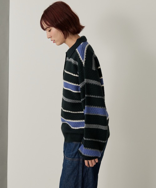 Auntie Rosa（アンティローザ）の「【SEFUMI】ワッフル編みマルチボーダーニット（ニット/セーター・レディース・ブラウン/ネイビー・FREE）」の17枚目の写真