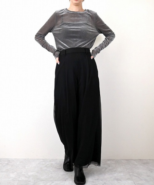 STYLEBLOCK（スタイルブロック）の「ツイル×チュールレイヤードパンツ（その他パンツ・レディース・アイボリー/グレイッシュベージュ/オリーブ/ブラック/グレー・M）」の2枚目の写真