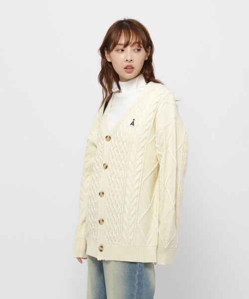 セール】【UNISEX】ALAND／Aロゴ ケーブルニットカーディガン